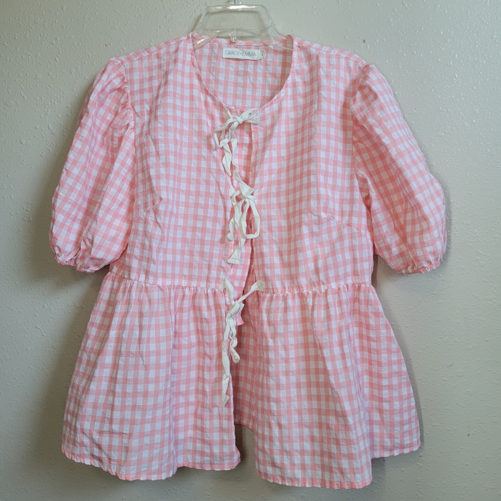 Grace & Emma Pink Gingham Blouse‎ with Tie Details